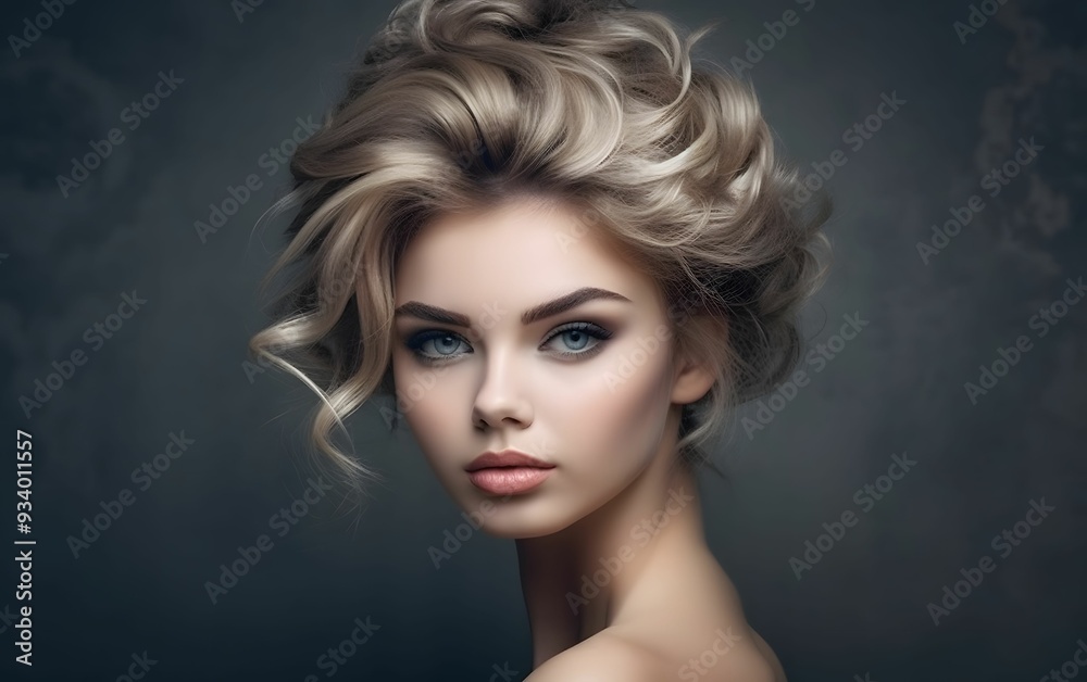 Portrait of a young woman with elegant blonde curls and captivating blue eyes against a dark background Portrait of a young woman with elegant blonde curls and captivating blue eyes against a dark background