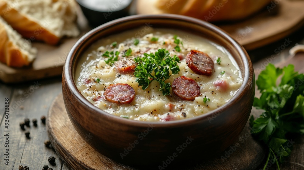 German national cuisine: Mashed soup with sausage. German national cuisine: Mashed soup with sausage.
