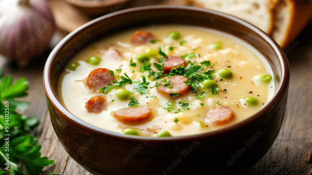 German national cuisine: Mashed soup with sausage. German national cuisine: Mashed soup with sausage.