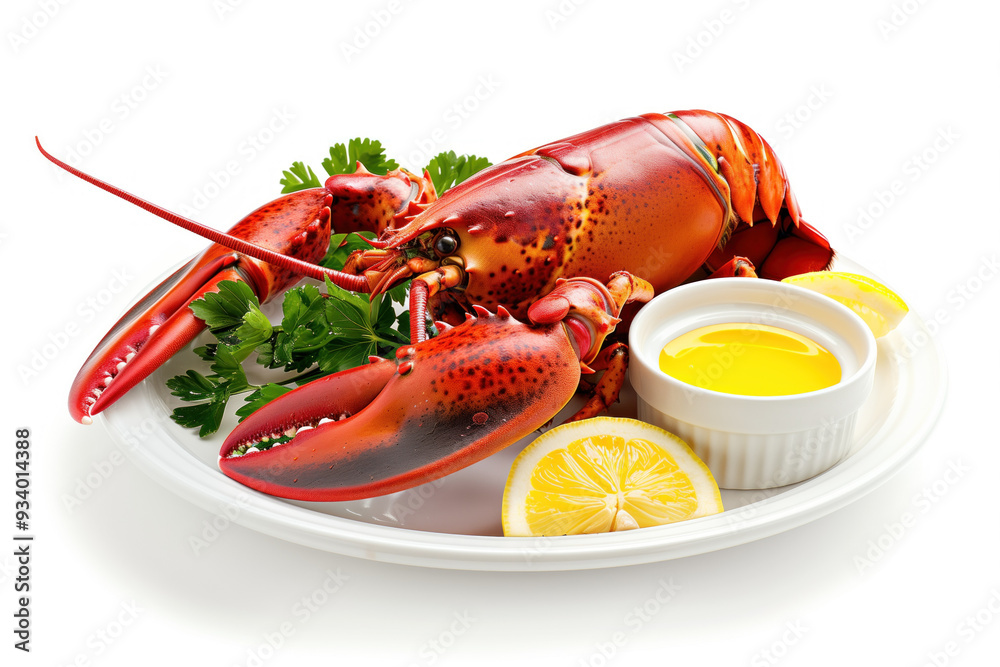 Boiled lobster with lemon and butter on white plate Boiled lobster with lemon and butter on white plate