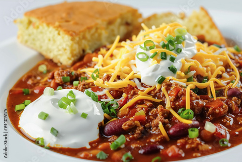 Classic chili with cheese, sour cream, and cornbread photo