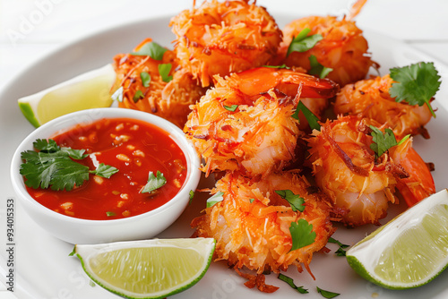 Lime and sweet chili sauce with coconut shrimp photo