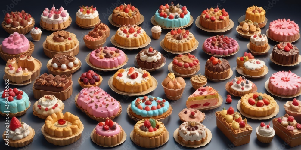 A set of cakes and tarts in a variety fruit desserts. A set of cakes and tarts in a variety fruit desserts.