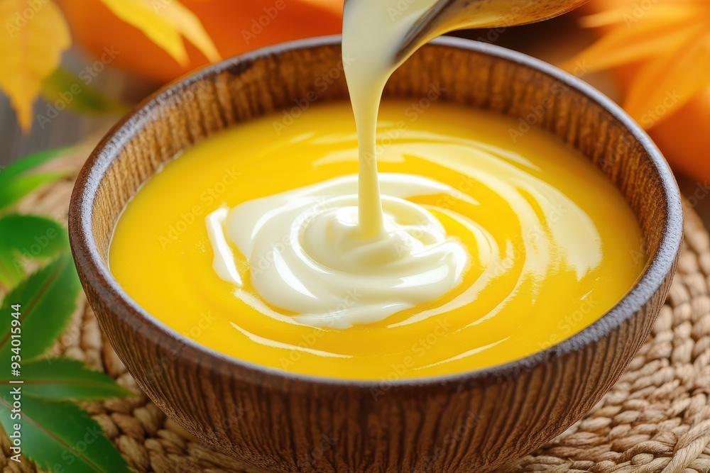 Cream swirls into a bowl of vibrant pumpkin puree against a backdrop of autumn leaves Cream swirls into a bowl of vibrant pumpkin puree against a backdrop of autumn leaves
