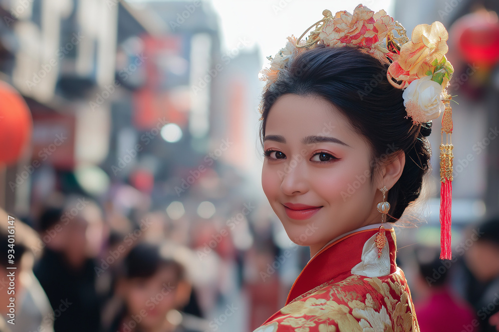 Elegant Woman in Traditional Chinese Dress Smiling at Festive Street Celebration Elegant Woman in Traditional Chinese Dress Smiling at Festive Street Celebration