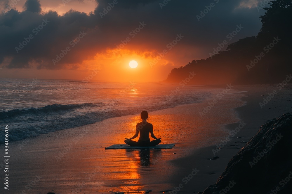 Silhouette of a person meditating on a serene beach at sunset with ocean waves Silhouette of a person meditating on a serene beach at sunset with ocean waves