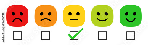 Rating emoji set with check box and tick mark for customer feedback and product experience in colorful style. Rating emoji set in new square style with check box.