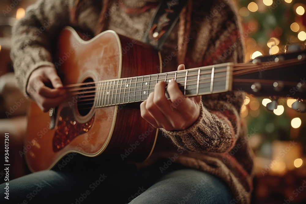 Fototapeta premium Close-up of a musicians hands playing an acoustic guitar