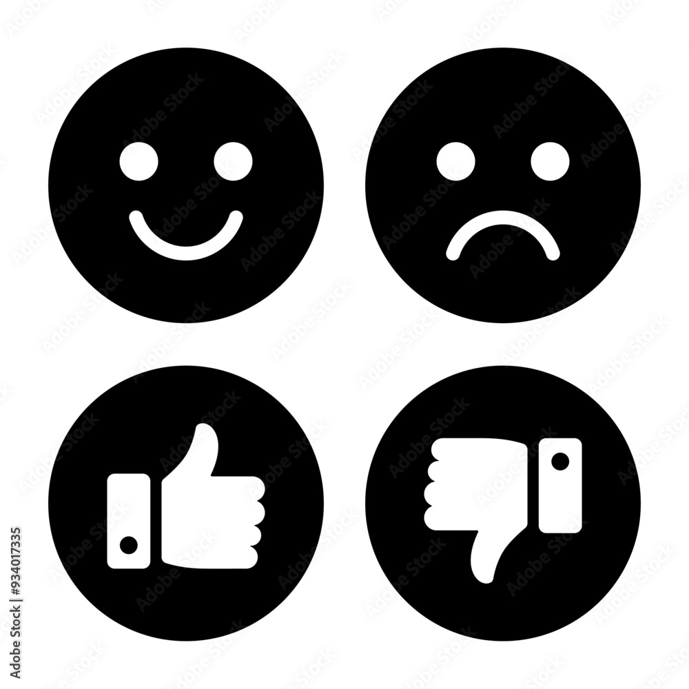 Happy, sad smiley and like, dislike icon symbol in black and white circle. Smile, sad, thumb up, thumb down accept, reject symbol set. Smiley icon set. Like and Dislike symbol silhouette vector. Happy, sad smiley and like, dislike icon symbol in black and white circle. Smile, sad, thumb up, thumb down accept, reject symbol set. Smiley icon set. Like and Dislike symbol silhouette vector.