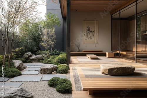 Tranquil Minimalist Workspace, serene environment featuring a Zen garden, sleek wooden furniture, promoting calmness and focus for productivity and mindfulness.