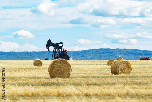 Round yellow bales and pumpjacks in the field with blue sky. photo