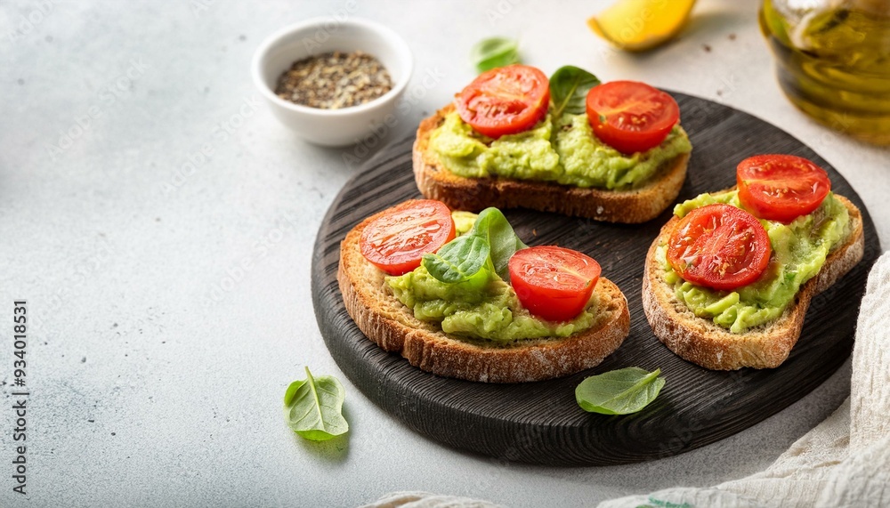 Vegan sandwich with avocado and tomatoes. Diet food. Copy Space Vegan sandwich with avocado and tomatoes. Diet food. Copy Space