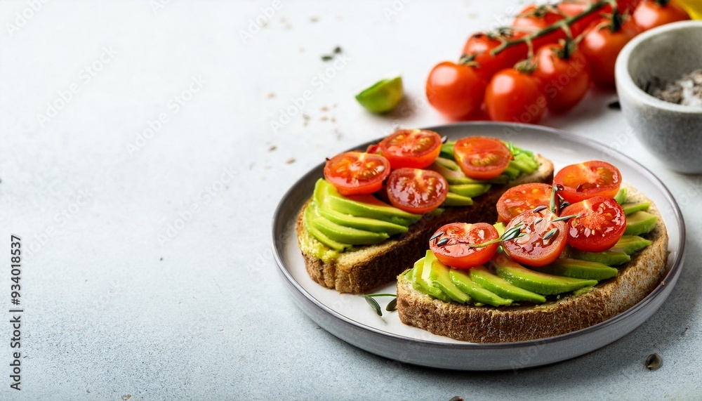 Vegan sandwich with avocado and tomatoes. Diet food. Copy Space Vegan sandwich with avocado and tomatoes. Diet food. Copy Space