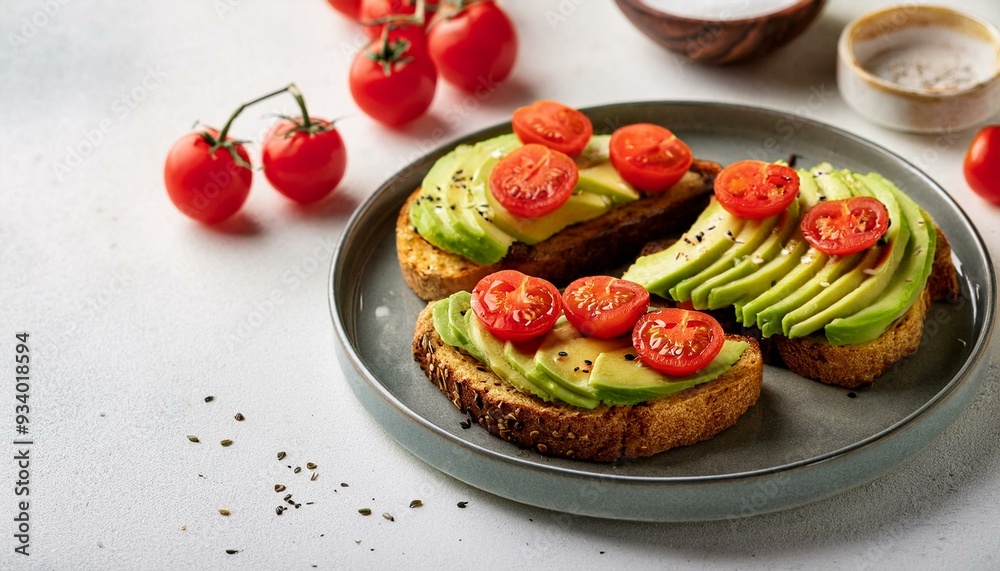 Vegan sandwich with avocado and tomatoes. Diet food. Copy Space Vegan sandwich with avocado and tomatoes. Diet food. Copy Space