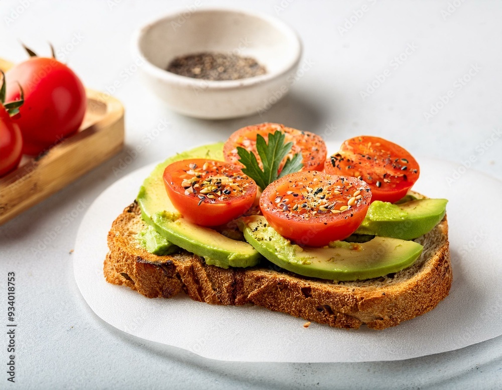Vegan sandwich with avocado and tomatoes. Diet food. Copy Space Vegan sandwich with avocado and tomatoes. Diet food. Copy Space