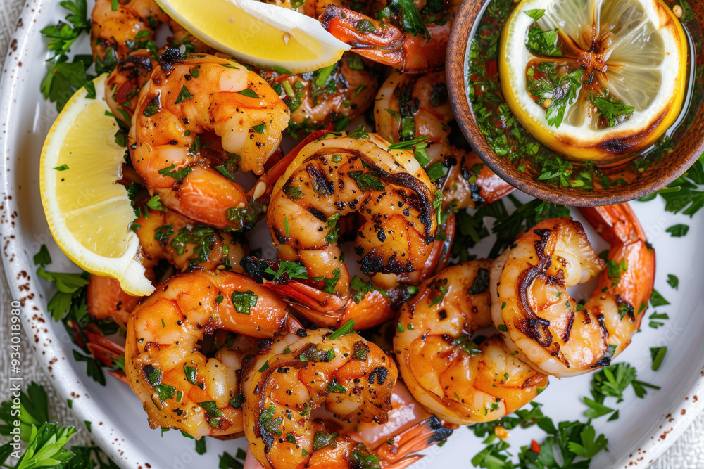 Grilled shrimp with lemon and herb garnish Grilled shrimp with lemon and herb garnish