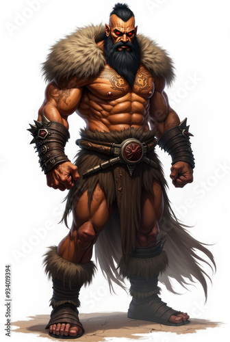 Brawny Barbarian with Fiery Gaze , dark fantasy aesthetic, high-detail illustration, epic fantasy artwork, character concept art, rich color palette, dark and gritty style.