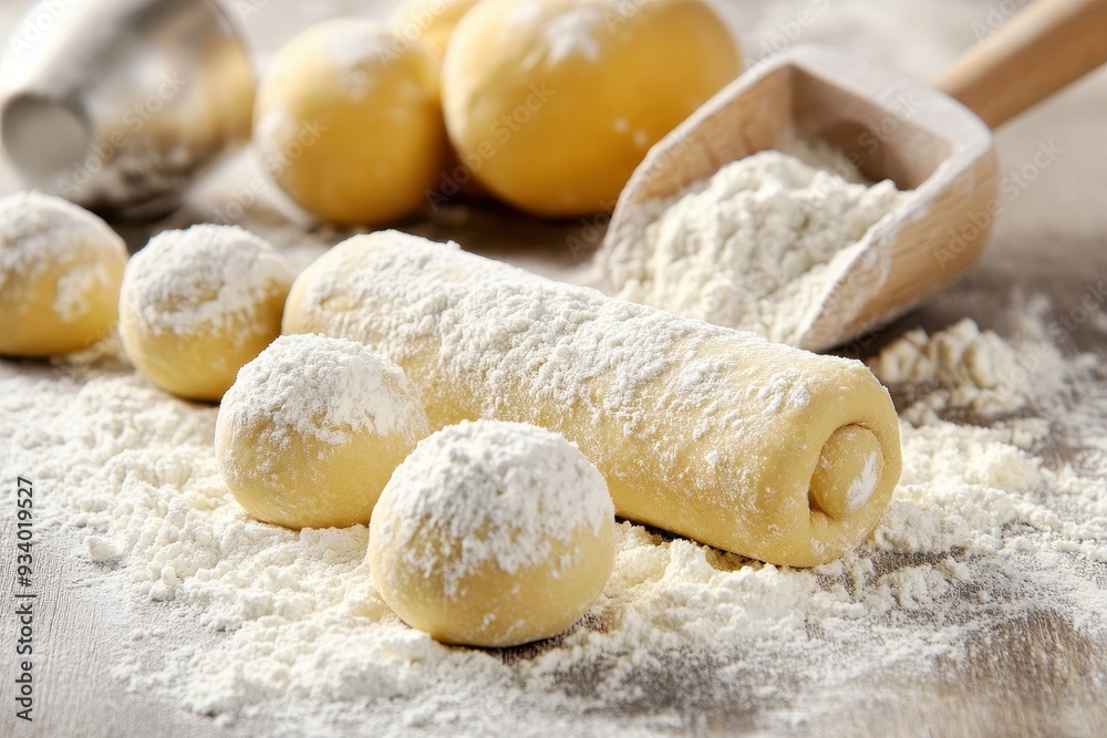 Dough being rolled out with flour, surrounded by small dough balls on a kitchen countertop