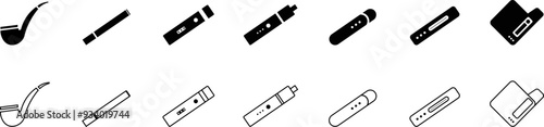 Set of vector cigarette icons. Linear signs of smoking accessories. Electronic cigarette cradle or cigar placed on a white background.