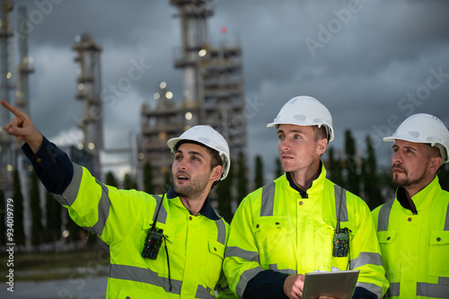 Refinery industry, engineer working in industrial production, oil and gas refinery plant industry factory