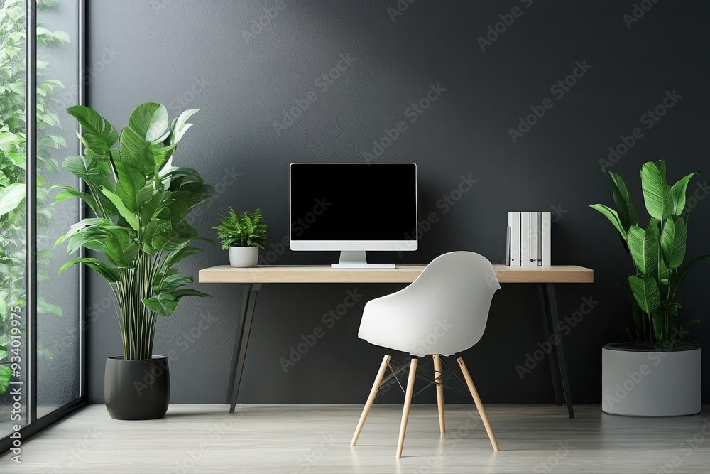 Fototapeta premium Calm Minimalist Workspace, a serene environment designed for productivity, featuring clean lines, neutral colors, and uncluttered surfaces promoting focus and tranquility