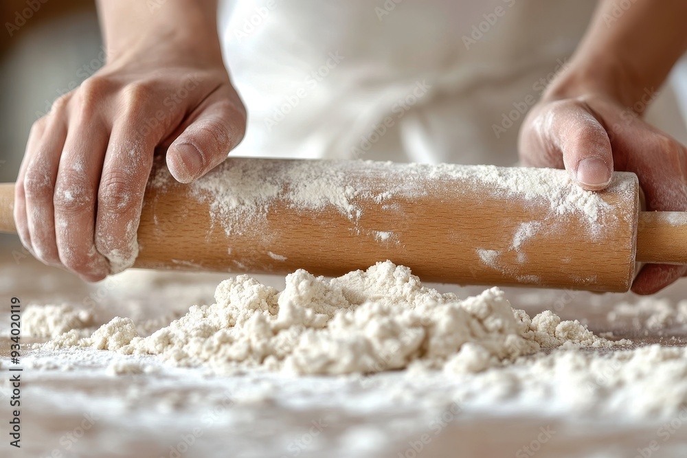 Hands rolling dough with a wooden rolling pin on a floured countertop in a cozy kitchen setting Hands rolling dough with a wooden rolling pin on a floured countertop in a cozy kitchen setting