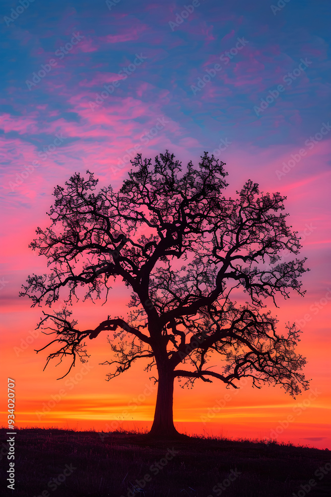 Solitary Tree at Sunset: A Serene Silhouette Against a Breathtaking Evening Sky