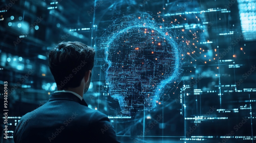 Man Observing a Digital Globe with Network Connections Man Observing a Digital Globe with Network Connections