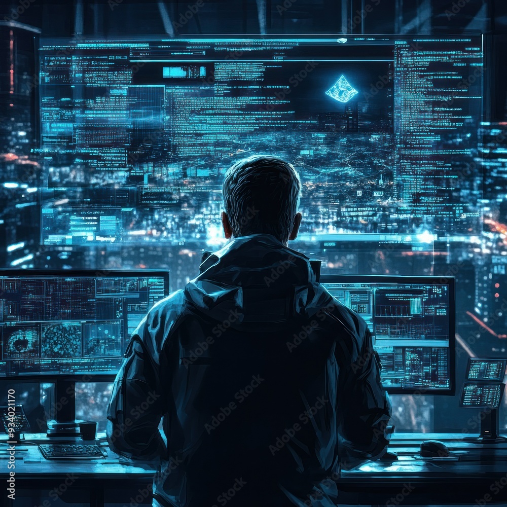 Hacker Looking at Computer Screens with Blue and Red Code Hacker Looking at Computer Screens with Blue and Red Code