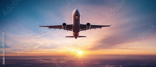 A majestic airplane soaring high above the clouds at sunrise, captured during a serene flight.
