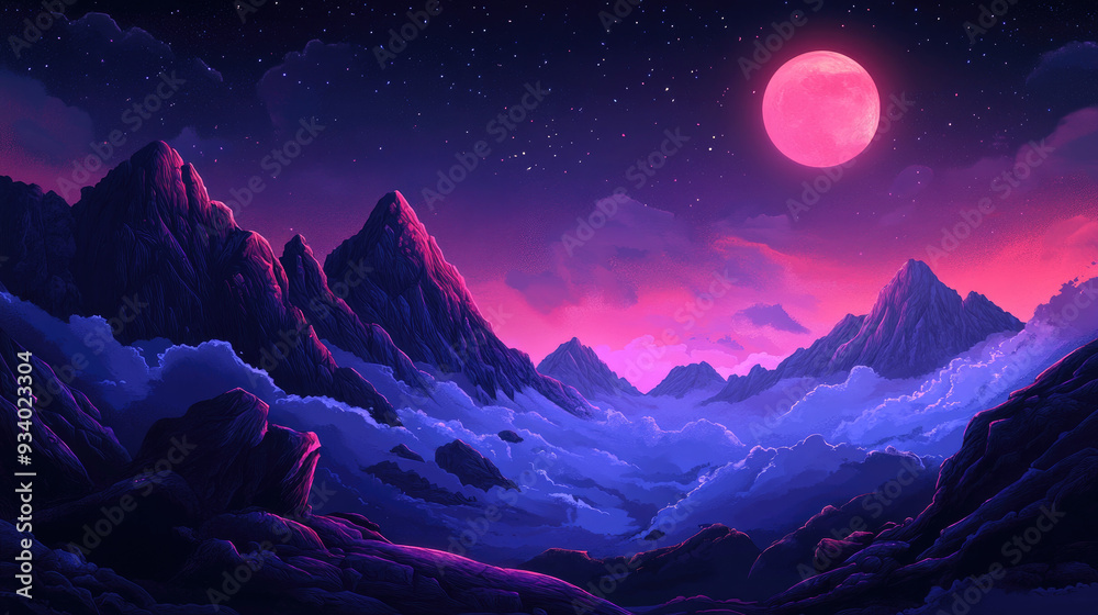 Fantasy landscape at night in cartoon or anime style, synthwave color. Fantasy landscape at night in cartoon or anime style, synthwave color.