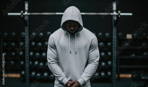 A young man stands with his head bowed, preparing for his workout in a gym