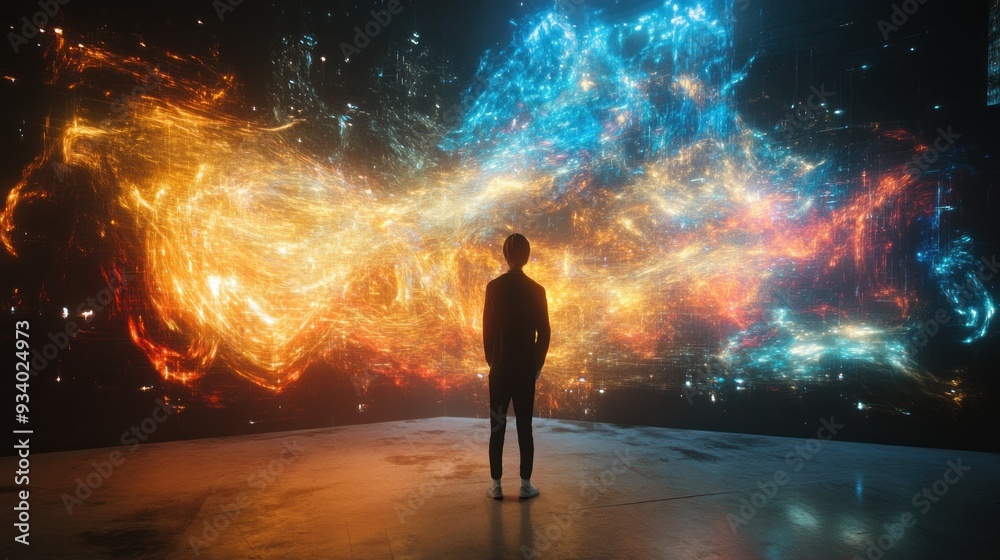 A lone figure gazing at a cosmic display of orange and blue light. A lone figure gazing at a cosmic display of orange and blue light.