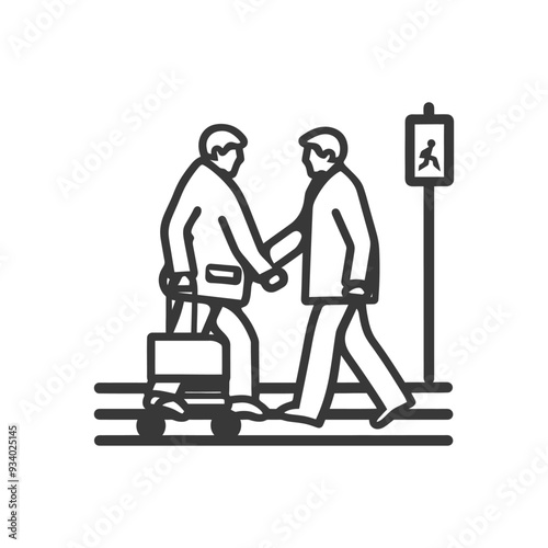 A man helping an elderly person with a walker cross the street
