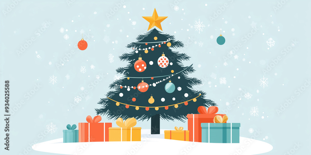 Decorated fir tree with ornaments, a star on top, and wrapped presents beneath, flat illustration Decorated fir tree with ornaments, a star on top, and wrapped presents beneath, flat illustration