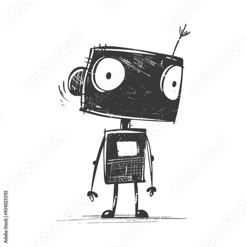 A hand drawn illustration of a black robot with a large head and wide eyes