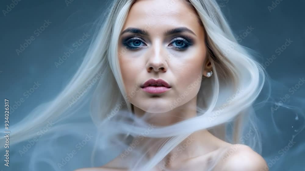 Stunning woman with flowing blonde hair poses gracefully, her blue eyes and flawless complexion radiating beauty and elegance. Perfect for fashion or beauty ads Stunning woman with flowing blonde hair poses gracefully, her blue eyes and flawless complexion radiating beauty and elegance. Perfect for fashion or beauty ads