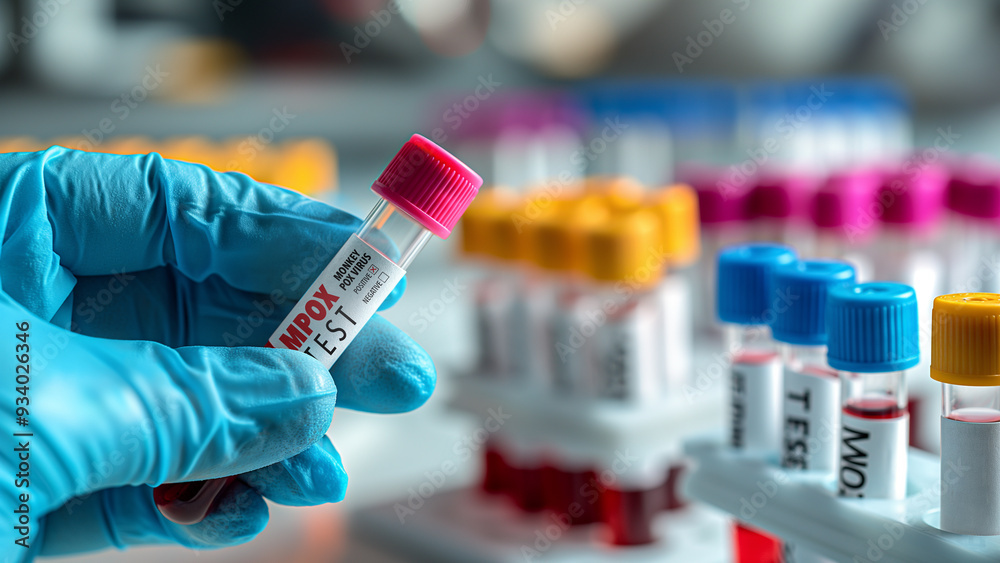 Close-up of a gloved hand holding a test tube labeled "Mpox Virus" in a ...