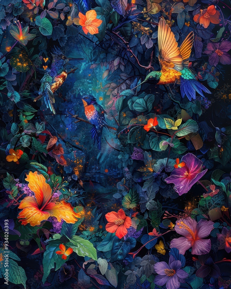 A vibrant composition of colorful flowers and butterflies amidst lush foliage, evoking a sense of tropical paradise. A vibrant composition of colorful flowers and butterflies amidst lush foliage, evoking a sense of tropical paradise.