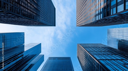 A view looking up at towering modern high-rise office buildings against a clear blue sky. The perspective highlights the sleek architecture and vertical lines