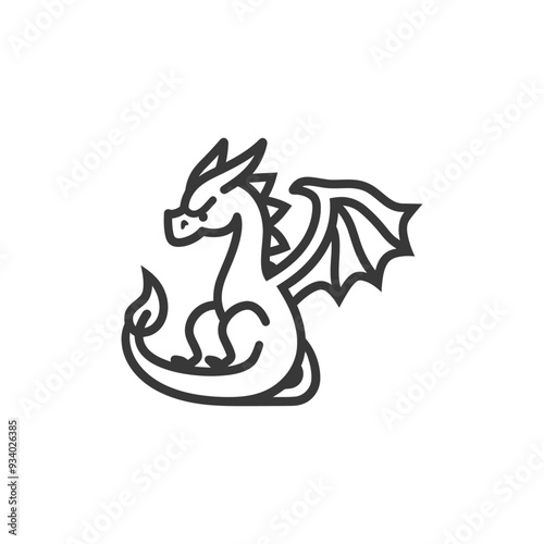 A Line Drawing of a Cartoon Dragon with Wings and a Flame Tail