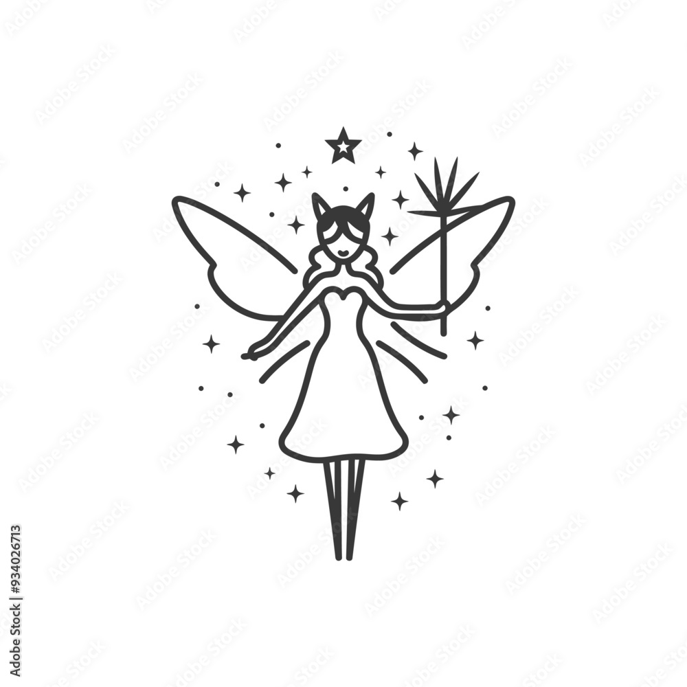 A Line Drawing of a Fairy with Wings and a Wand A Line Drawing of a Fairy with Wings and a Wand