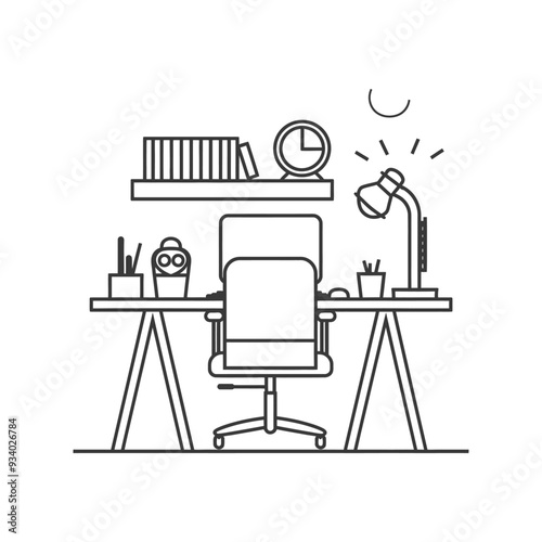 A line drawing of a home office desk setup