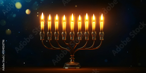 Plain menorah with all candles lit on a flat surface, flat illustration