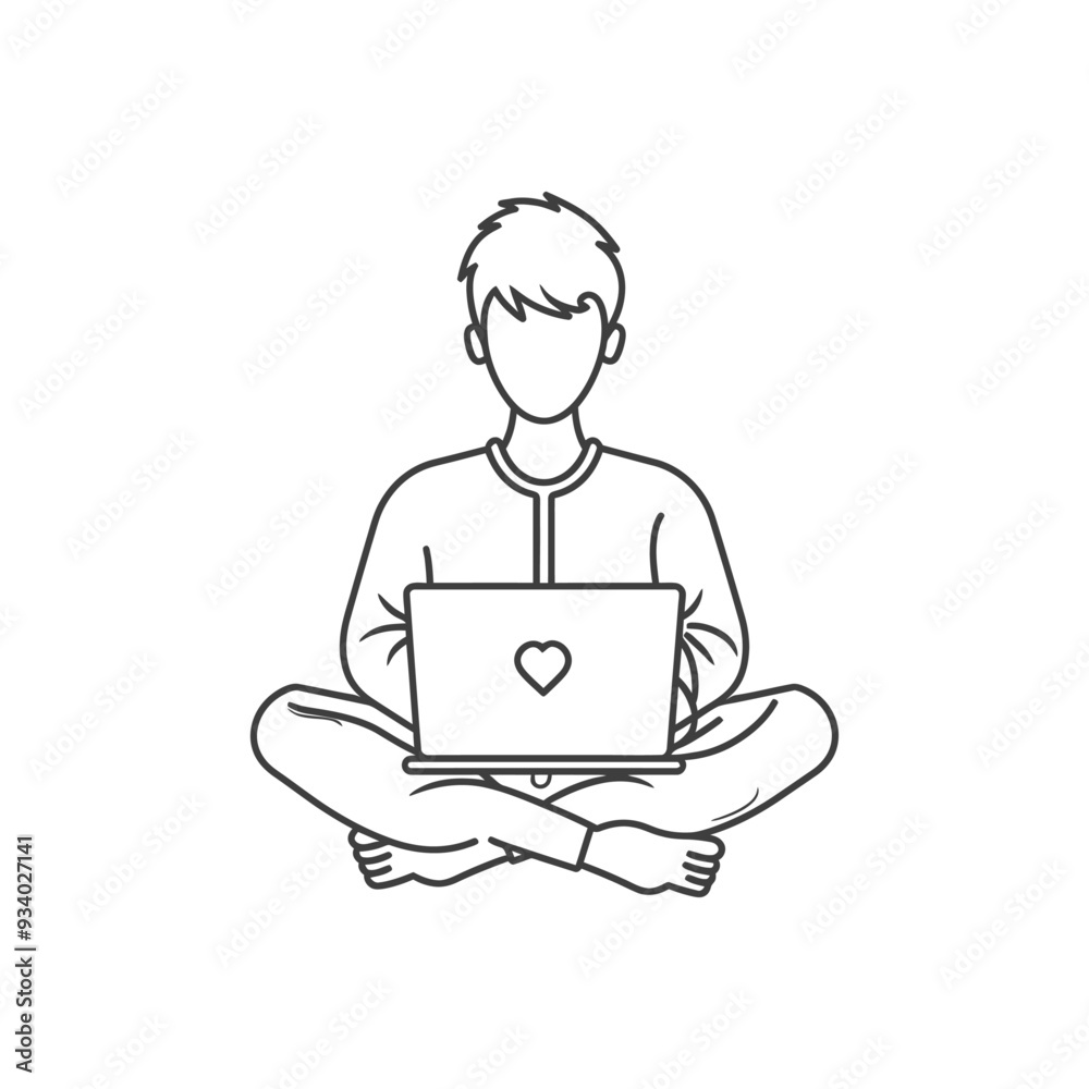A Line Drawing of a Person Sitting with a Laptop with a Heart on the Screen A Line Drawing of a Person Sitting with a Laptop with a Heart on the Screen