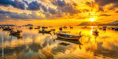 Golden sunrise casting a warm glow above Rawai sea, reflecting vibrant hues in calm waters, as fishing boats await high tide near the beach. photo