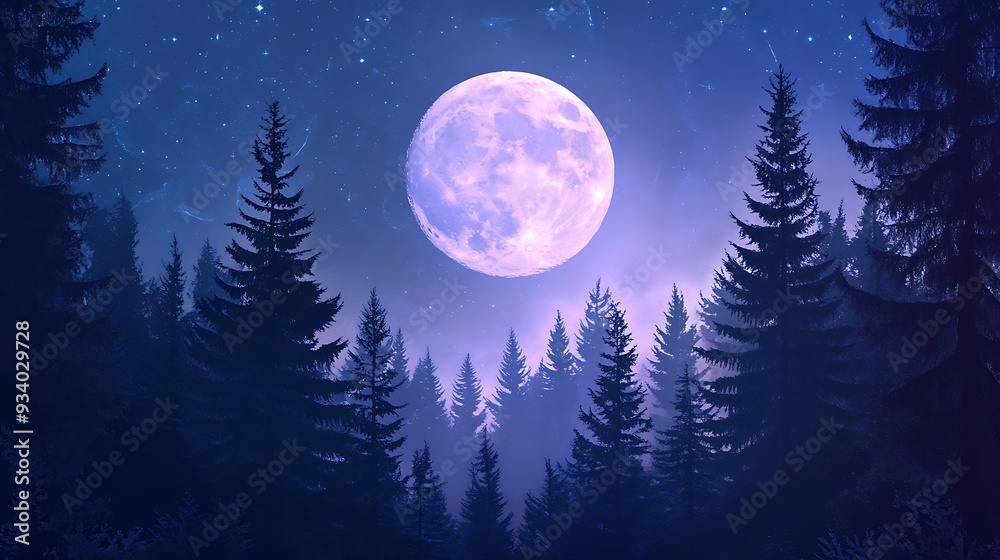 Naklejka premium Night Forest with Full Moon