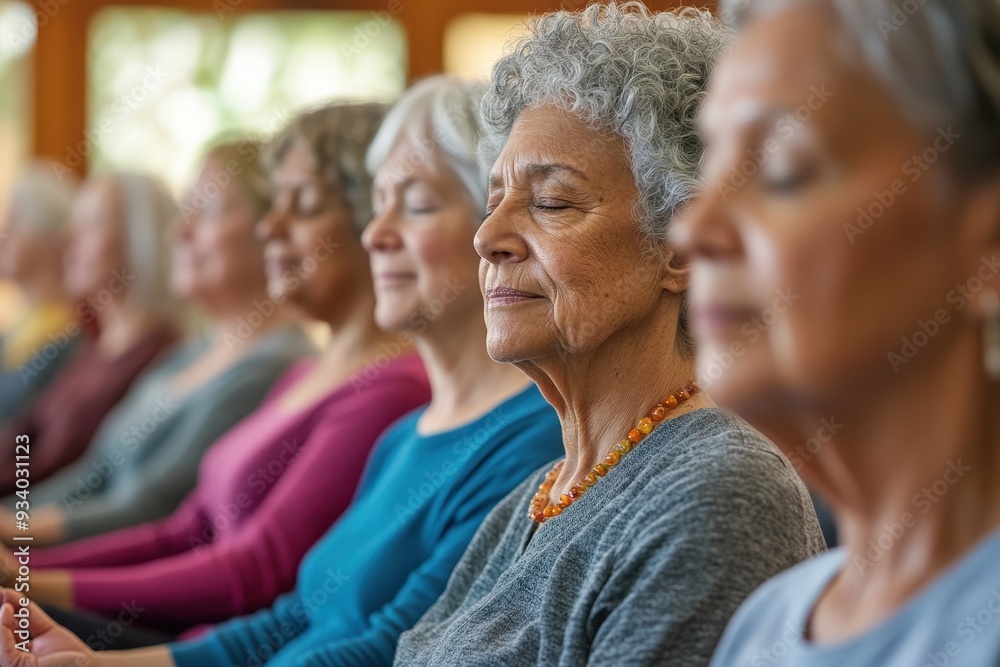 Obraz premium Harmony Among Elders: Seniors Engaged in Mindfulness Meditation for Community Wellness in a Tranquil Hall (Selective Focus, Whimsical Multilayered Theme)