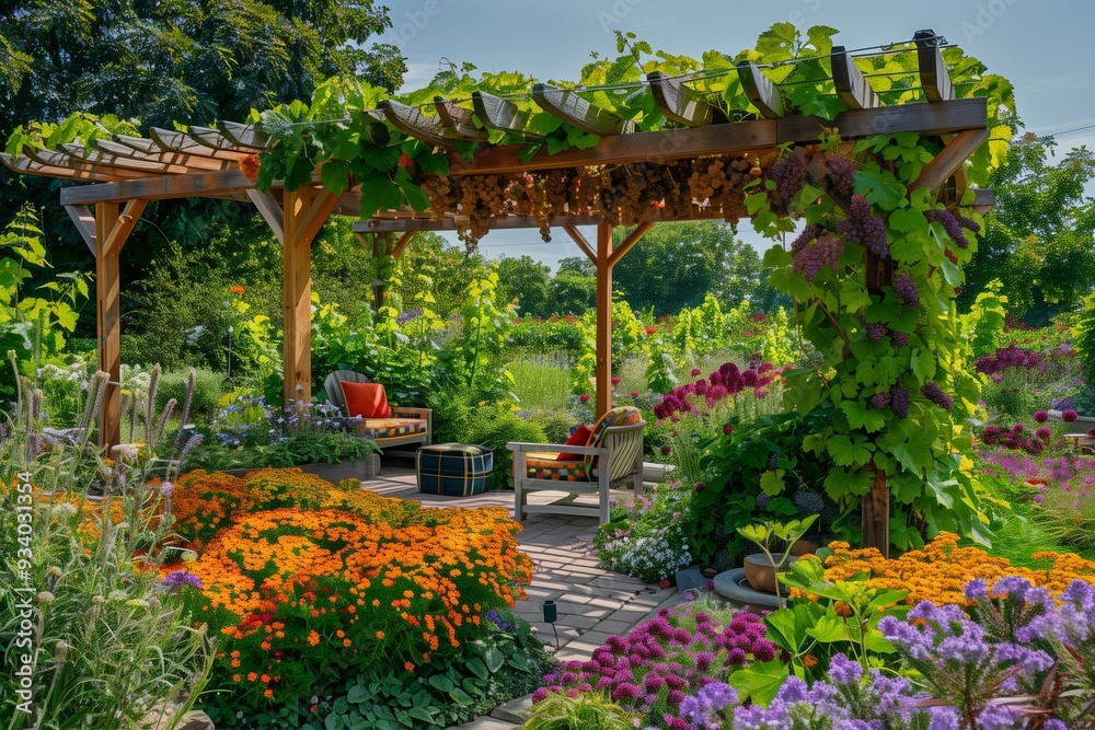 A colorful summer garden with a mix of annuals and perennials, featuring a wooden pergola covered in grapevines and a cozy seating area with a view of the flower beds. A colorful summer garden with a mix of annuals and perennials, featuring a wooden pergola covered in grapevines and a cozy seating area with a view of the flower beds.