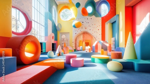 Colorful Playroom with Geometric Shapes and Climbing Wall